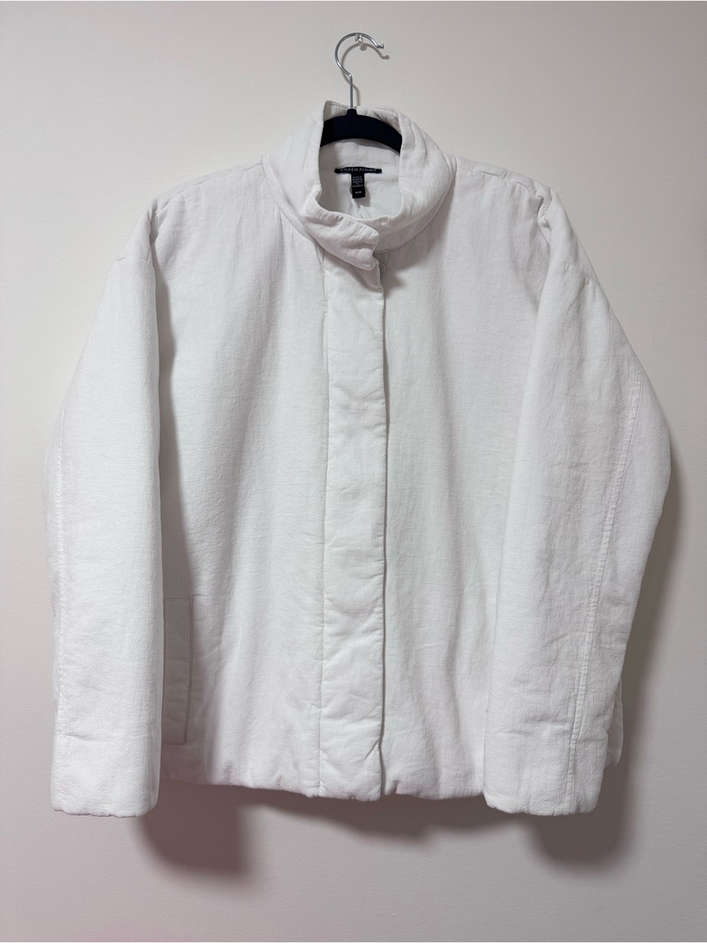 Eileen Fisher Organic 100% Linen & Cotton Crepe Padded Coat Jacket White Size M